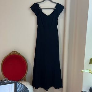 Reformation Black Off the Shoulder Midi Dress with Ruffled Off Hem